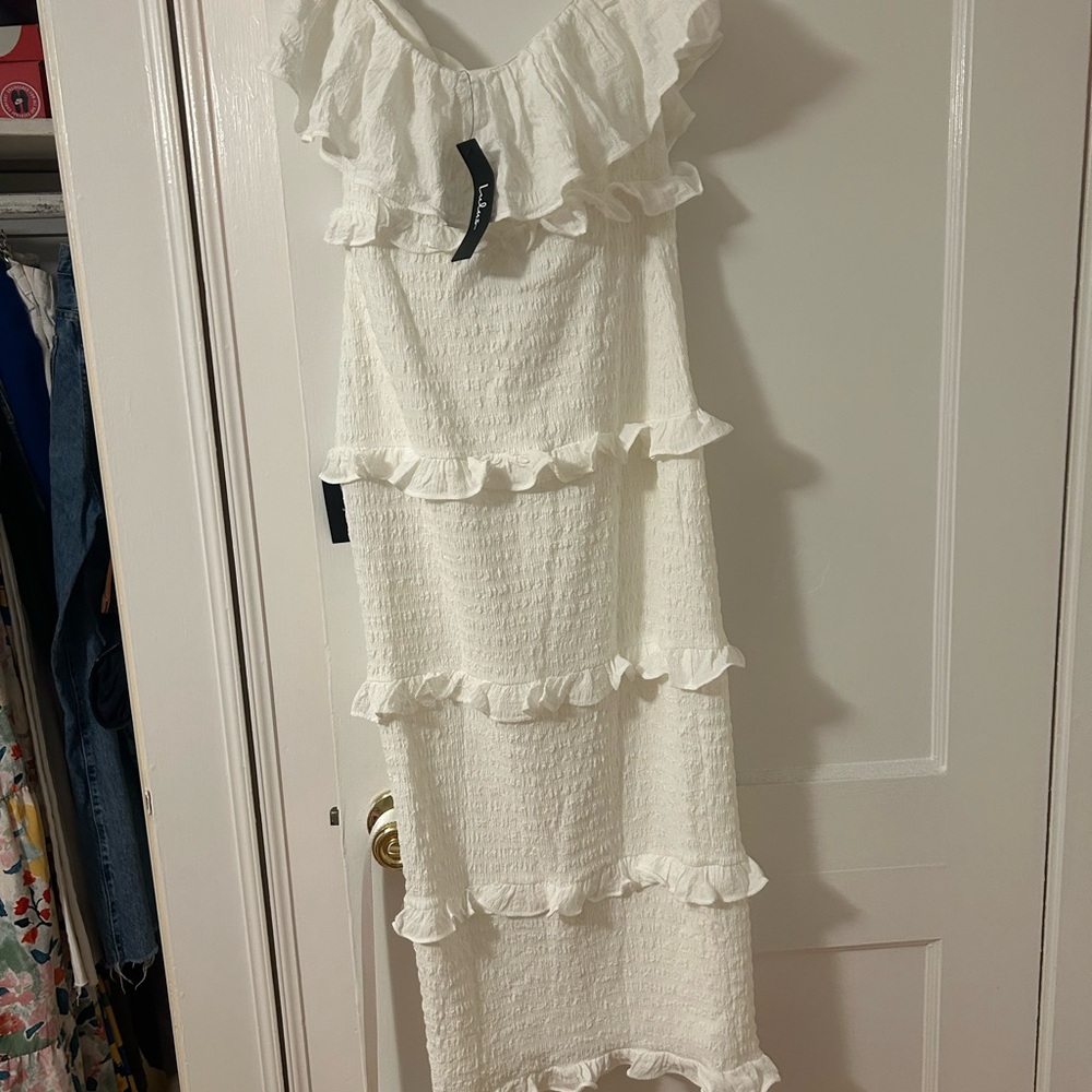 Lulu's White Ruffle Midi Dress